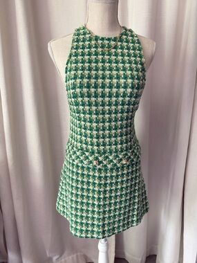 Zara Green houndstooth Tweed Mini Dress